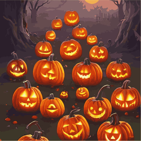 Creepy Halloween card. Glowing pumpkins on the background of a spooky place with a fantasy style house. Halloween party with pumpkins. Vector illustrationのイラスト素材