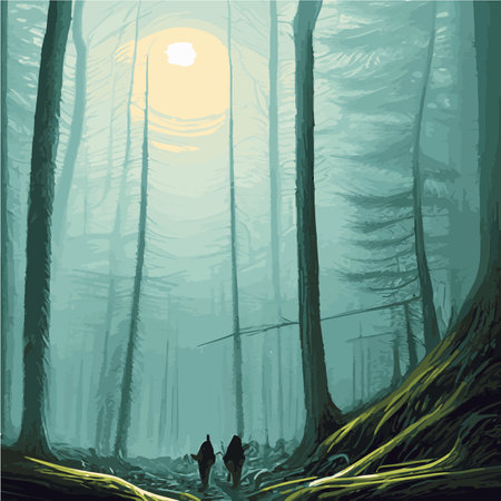 Print Mysterious forest. Background landscape at night twilight foggy forest. Cartoon colored illustration of taiga darkのイラスト素材