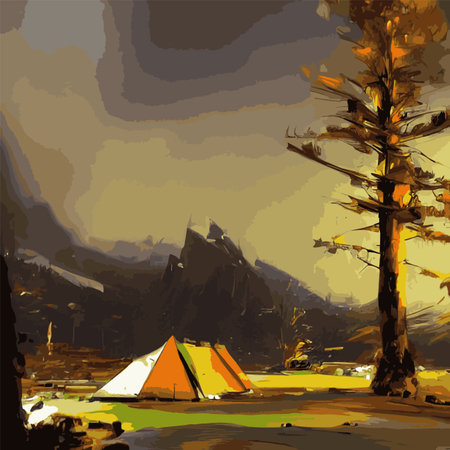 Mobile Vintage vector landscape illustration autumn with colorful trees mountain blue cloudy sky with big mountains. survivalのイラスト素材