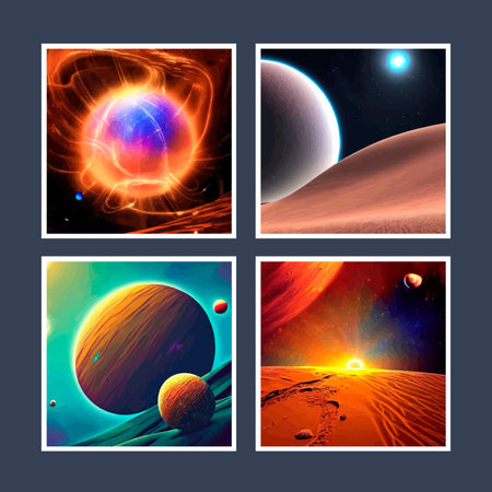 Set four square backgrounds. Space background with alien planet landscape with craters illuminated...