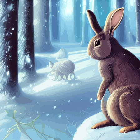 Print Rabbits sitting on the snowy ground of the winter forest. Hares in a forest with spruce pines and bushes with redのイラスト素材