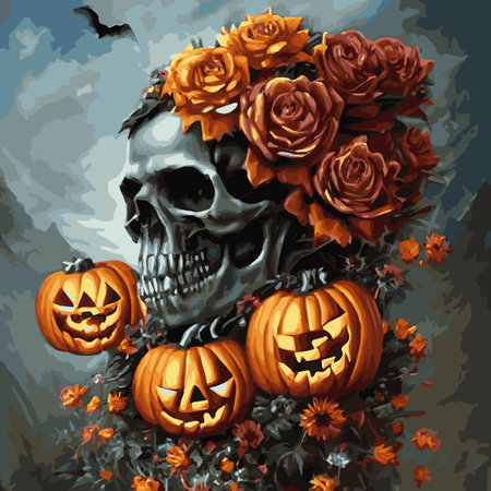 Print Human skull, exotic tropical flowers. Day of the dead skulls and flowers, vintage vector illustration Typographicのイラスト素材