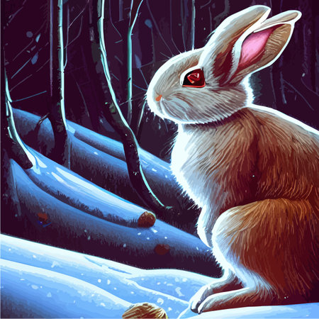 Print Rabbits sitting on the snowy ground of the winter forest. Hares in a forest with spruce pines and bushes with redのイラスト素材