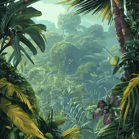 Jungle tropical background. Jungle landscape background illustration, with decorations made from leaves and foliageのイラスト素材