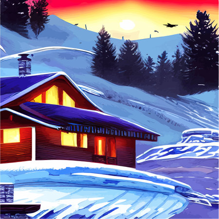 Web Winter mountain landscape with wooden house, chalet, snow, illuminated mountain peaks, hill, forest, river, fir treesのイラスト素材