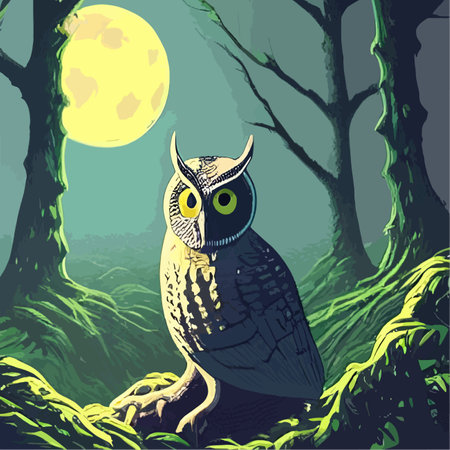 Print Owl. Realistic bird on dark moon forest background. Dark night background. autumn fairy tale art. Fashion templateのイラスト素材
