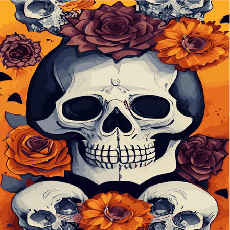 Gothic romantic human skull red roses and pink peonies with small pumpkins for halloween, clothing template and t-shirtのイラスト素材
