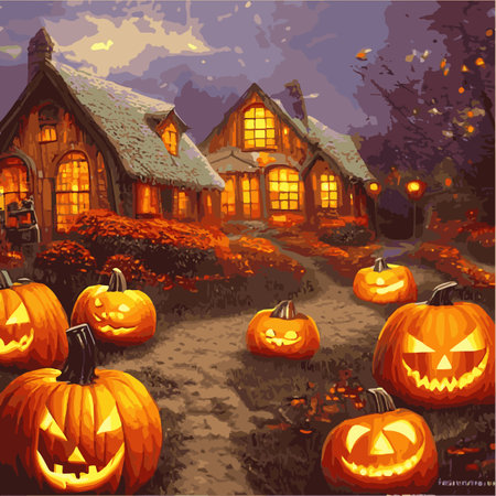 Creepy Halloween card. Glowing pumpkins on the background of a spooky place with a fantasy style house. Halloween party with pumpkins. Vector illustrationのイラスト素材