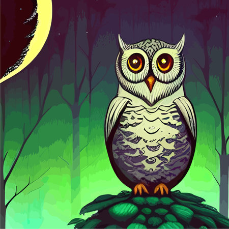 Print Owl. Realistic bird on dark moon forest background. Dark night background. autumn fairy tale art. Fashion templateのイラスト素材