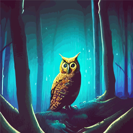 Print Owl. Realistic bird on dark moon forest background. Dark night background. autumn fairy tale art. Fashion templateのイラスト素材