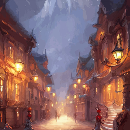 Mobile Christmas city illustration. Christmas snowy old town. Cartoon buildings. Christmas background. City street at winter.のイラスト素材