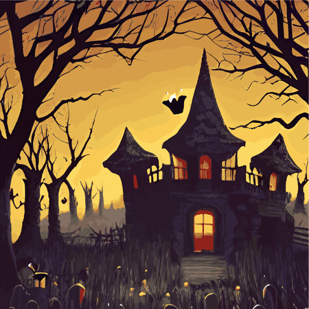 Print Halloween spooky graveyard flat vector background. Scary coming house at night cartoon...