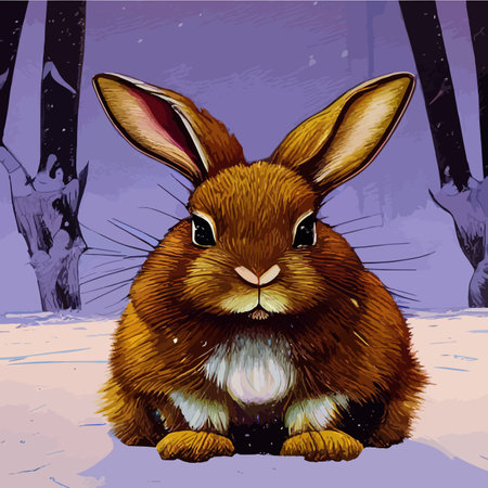 Print Rabbits sitting on the snowy ground of the winter forest. Hares in a forest with spruce pines and bushes with redのイラスト素材