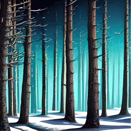 Web Vector blue landscape with silhouettes of trees in a foggy forest. Snow falls in the winter forest. winter backgroundのイラスト素材