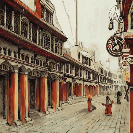 Mobile Christmas city illustration. Christmas snowy old town. Cartoon buildings. Christmas background. City street at winter.のイラスト素材