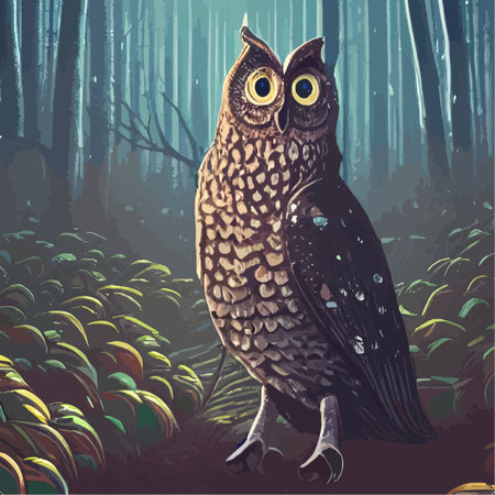 cartoon illustration owl sitting forest under full moon. vertical vector illustration. owl sits branch looks seriously wisely. Fairy forest looks magical. beautiful powerful bird forest suitableのイラスト素材