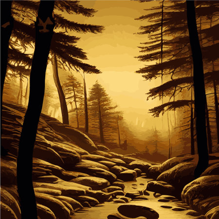 mysterious forest. Background landscape at night twilight foggy forest. Cartoon colored illustration of taiga dark coniferous forest forests. enchanted forest at night.のイラスト素材