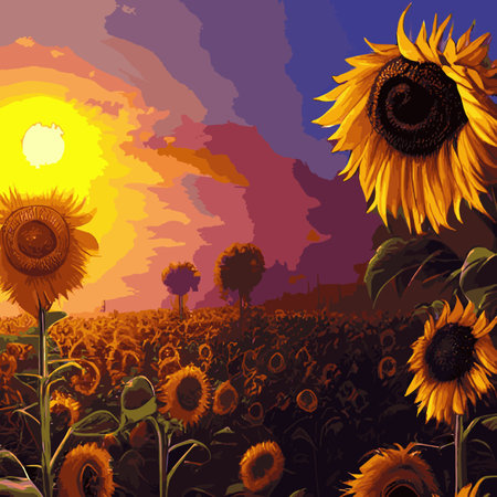 vector illustration, sunflower flower, sunset rural landscape oil painting with golden sunflower field. Warm sunset light and orange hills in the backgroundのイラスト素材