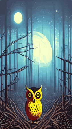 cartoon illustration owl sitting forest under full moon. vertical vector illustration. owl sits branch looks seriously wisely. Fairy forest looks magical. beautiful powerful bird forest suitableのイラスト素材