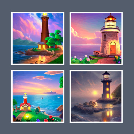 Vector illustration of scandinavian or northern seaside landscape with lighthouse on rock under blue sky and turquoiseのイラスト素材