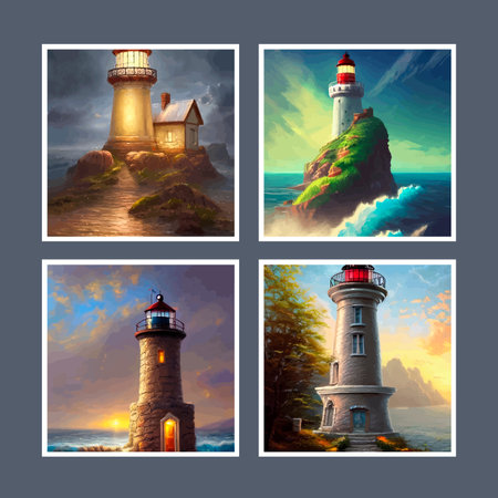 Vector illustration of scandinavian or northern seaside landscape with lighthouse on rock under blue sky and turquoiseのイラスト素材