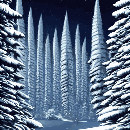 Print Vector blue landscape with silhouettes trees foggy forest. Snow falls winter forest. winter background with rows firsのイラスト素材