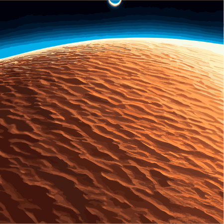 Landscape Mars surface with colonies building. Astronaut base on the red planet. Vector cartoon futuristic illustration of space colonization, space exploration concept. Space station alien galaxyのイラスト素材