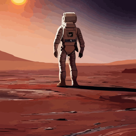 Astronaut explores space being desert mars. Astronaut space suit performing extra-cosmic activity space against stars and planets background. Human space flight.のイラスト素材