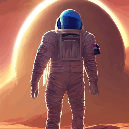 Astronaut explores space being desert mars. Astronaut space suit performing extra-cosmic activity space against stars and planets background. Human space flight.のイラスト素材