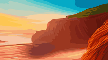 Sunset ocean with stones large rocks seashore sticking out above water. Calm natural landscape with sea sea waves underのイラスト素材