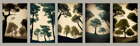 Set of vertical posters. Ink sketch of two oak trees. Winter and summer tree. Hand drawn illustration. Retro style.の写真素材
