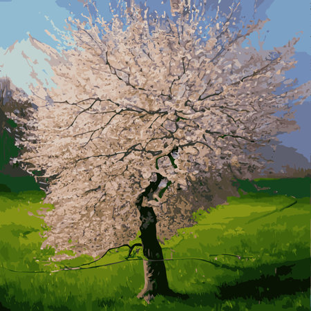 Realistic sakura tree. Elegant Japanese character. Flowering plant with pink flower petals on a green meadow. Asianのイラスト素材
