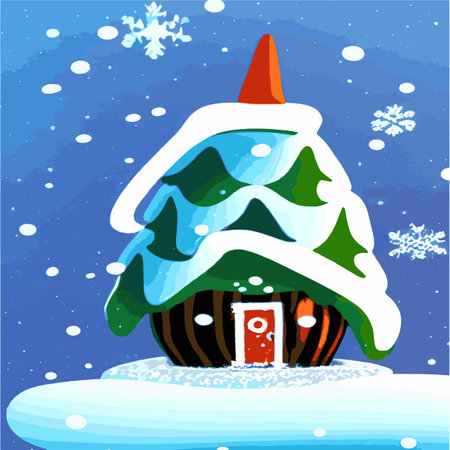 Beautiful Christmas fairy tale with decorated houses big Christmas tree. Amazing winter holiday card. Vectorのイラスト素材