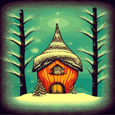 Beautiful Christmas fairy tale with decorated houses big Christmas tree. Amazing winter holiday card. Vectorのイラスト素材