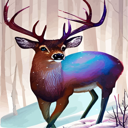 Landscape with dark winter northern forest and wild deer portrait, vector illustration. Wild animals of the north.のイラスト素材