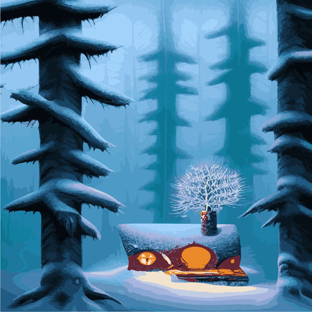 Beautiful Christmas fairy tale with decorated houses big Christmas tree. Amazing winter holiday card. Vectorのイラスト素材