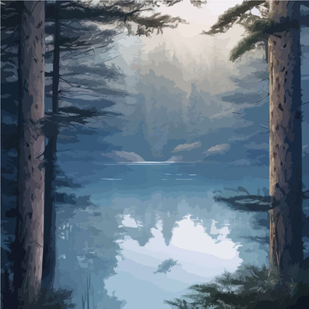 Mountains lake northern landscape flat vector illustration. Natural landscape with spruce trees hill silhouettesのイラスト素材