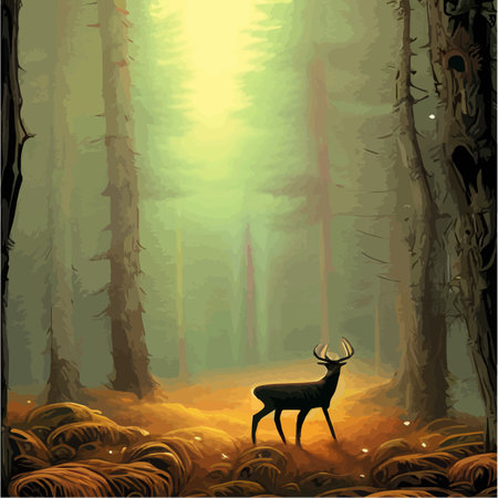 Landscape with dark northern forest and wild deer, vector illustration. Wild animals of the north. Realistic vectorのイラスト素材