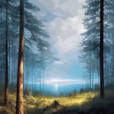 Mountains lake northern landscape flat vector illustration. Natural landscape with spruce trees hill silhouettesのイラスト素材