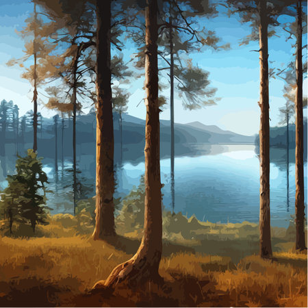 Mountains lake northern landscape flat vector illustration. Natural landscape with spruce trees hill silhouettesのイラスト素材