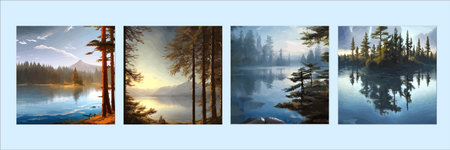 Set of posters. mountains lake northern landscape flat vector illustration. Natural landscape with spruce trees hillのイラスト素材