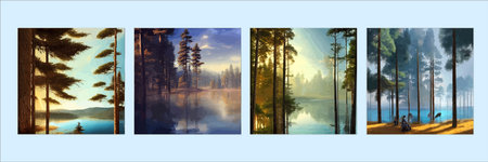 Set of posters. mountains lake northern landscape flat vector illustration. Natural landscape with spruce trees hillのイラスト素材