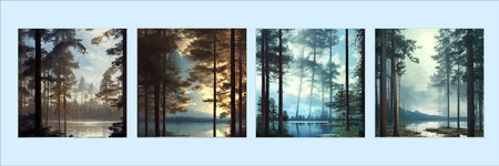 Set of posters. mountains lake northern landscape flat vector illustration. Natural landscape with spruce trees hillのイラスト素材