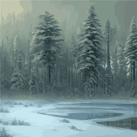 Winter landscape forest. Winter nature forest with spruces, pines bushes. Snowy areas branches covered with snow.のイラスト素材