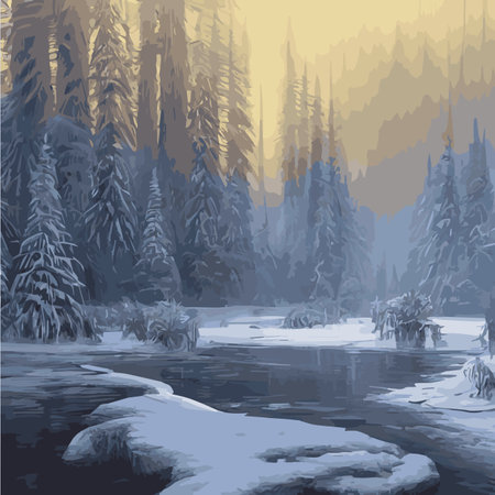 Winter landscape with snowy spruce forest forest vector illustration. Wildlife, frozen, foggy, taiga. Fantasyのイラスト素材
