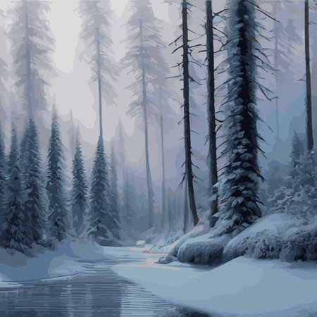 Winter landscape forest. Winter nature forest with spruces, pines bushes. Snowy areas branches covered with snow.のイラスト素材