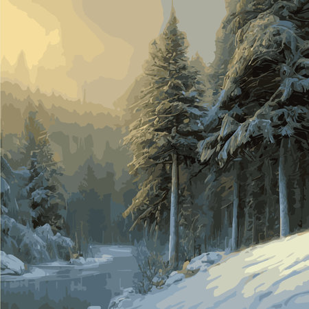 Winter landscape forest. Winter nature forest with spruces, pines bushes. Snowy areas branches covered with snow.のイラスト素材