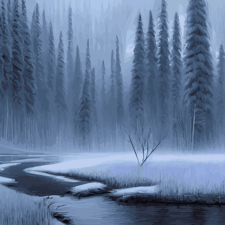 Winter landscape with snowy spruce forest forest vector illustration. Wildlife, frozen, foggy, taiga. Fantasyのイラスト素材