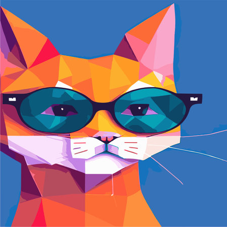 Hand drawn portrait of a cat in a geometric polygon with sunglasses. Vector isolated elements. Cat with glasses. Printのイラスト素材