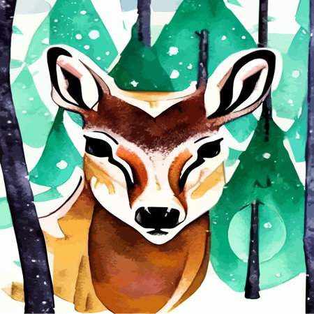 Landscape with dark winter northern forest and wild deer portrait, vector illustration. Wild animals of the north.のイラスト素材